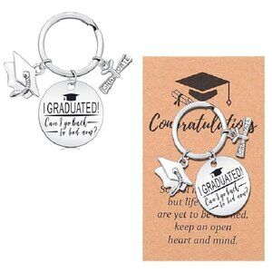 Graduation Gift CAN I GO BACK TO BED NOW Funny Grad Keychain Jewelry NEW SEALED